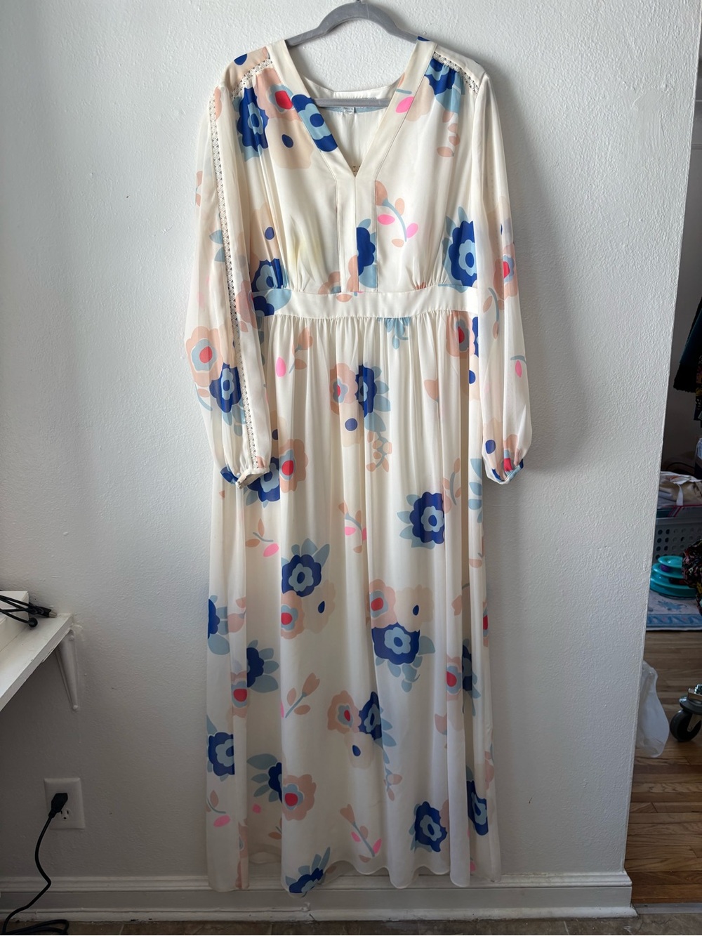 Boden Cream Maxi Dress with Blue and Pink Floral Print
